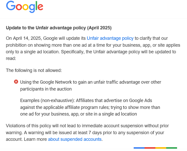 Unfair Advantage Policy - Google policy
