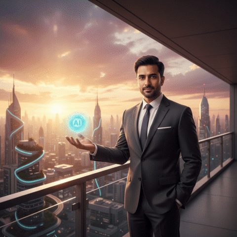 Eugene Samuel, a confident Indian male AdTech expert in his 30s, sharp features, modern professional attire, stands on a balcony overlooking a futuristic Chennai skyline at golden hour, looking forward. A singular glowing 'AI node' subtly floats in his hand. Shot on Sony A7R IV, 85mm lens, f/1.8, cinematic volumetric lighting, soft bokeh, 8k, photorealistic. No cartoons, no 3D.