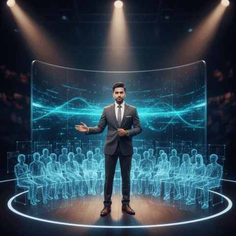 Eugene Samuel, a charismatic Indian male professional in his 30s, sharp features, confident expression, modern professional dress, well-groomed hairstyle, stands on a modern, well-lit stage (TED Talk style) gesturing to a holographic data audience. Shot on Sony A7R IV, 85mm lens, f/1.8, cinematic volumetric lighting, depth of field, screen glow on face. 8k, photorealistic, high-end photography, no cartoon, no 3D render, no illustration.