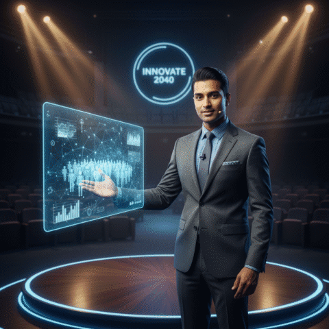 Eugene Samuel, charismatic Indian male professional in his 30s, sharp features, confident expression, modern professional dress, well-groomed hairstyle, standing on a modern, well-lit stage (TED Talk style) gesturing to a holographic data audience. Shot on Sony A7R IV, 85mm lens, f/1.8, cinematic volumetric lighting, screen glow on face, depth of field, photorealistic, 8k. No cartoons, 3D render, or illustrations.