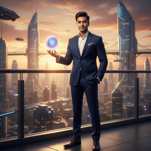 Eugene Samuel, a charismatic Indian male professional in his 30s, sharp features, confident expression, modern professional dress, well-groomed hairstyle, standing on a balcony overlooking a futuristic Chennai skyline at golden hour, looking forward, holding a singular glowing 'AI node'. Shot on Sony A7R IV, 85mm lens, f/1.8, soft bokeh, 8k resolution, photorealistic, cinematic lighting, depth of field.