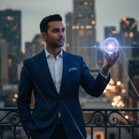 Eugene Samuel, a confident Indian male AdTech expert in his 30s, sharp features, modern professional attire, standing on a balcony with a blurred city skyline behind him, holding a singular glowing AI node. Shot on Sony A7R IV, 85mm lens, f/1.8 (soft bokeh). Cinematic, volumetric lighting, screen glow on face. Photorealistic, 8k. No cartoons, no 3D.