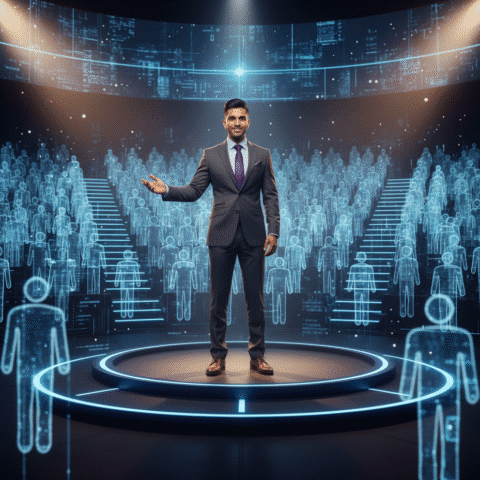 Eugene Samuel, a charismatic Indian male professional in his 30s, sharp features, confident expression, modern professional dress, well-groomed hairstyle, on a modern, well-lit stage, TED Talk style, gesturing to a holographic data audience. Shot on Sony A7R IV, 85mm lens, f/1.8 (soft bokeh), cinematic volumetric lighting, 8k resolution, photorealistic, depth of field.