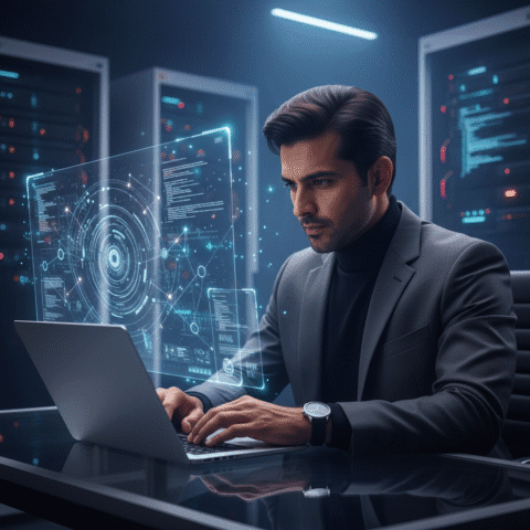 Eugene Samuel, a charismatic Indian male professional in his 30s, sharp features, confident expression, modern professional dress, well-groomed hairstyle, intensely working at a sleek laptop in a dim, high-tech office. Holographic dashboards, floating code nodes, and blue/purple data streams emerge from the screen. Shot on Sony A7R IV, 85mm lens, f/1.8 soft bokeh. Cinematic, volumetric lighting, screen glow on face. Photorealistic, 8k. NO cartoon, NO 3D render, NO illustration.
