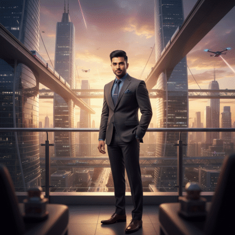 Eugene Samuel, a charismatic Indian male professional in his 30s, sharp features, confident expression, modern professional dress, well-groomed hairstyle. Standing on a balcony overlooking a futuristic Chennai skyline at golden hour, looking forward. Shot on Sony A7R IV, 85mm lens, f/1.8, soft bokeh, 8k resolution, photorealistic, cinematic volumetric lighting, depth of field.