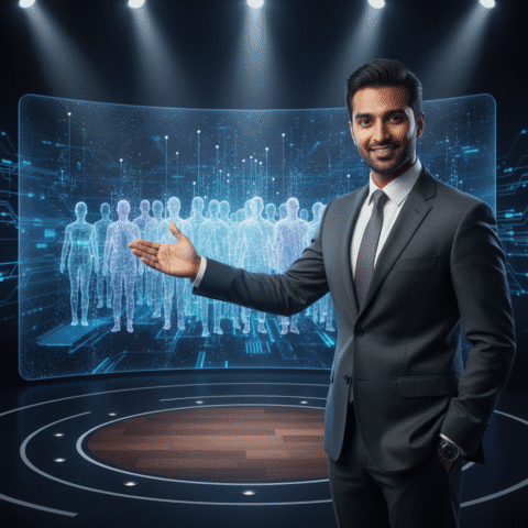 Eugene Samuel, a charismatic Indian male professional in his 30s, sharp features, confident expression, modern professional dress, well-groomed hairstyle, standing on a modern, well-lit stage (TED Talk style) gesturing confidently towards a holographic data audience. 8k resolution, Sony A7R IV, 85mm lens, f/1.8 (soft bokeh), photorealistic, cinematic volumetric lighting, screen glow on face, depth of field. No cartoons, no 3D renders.