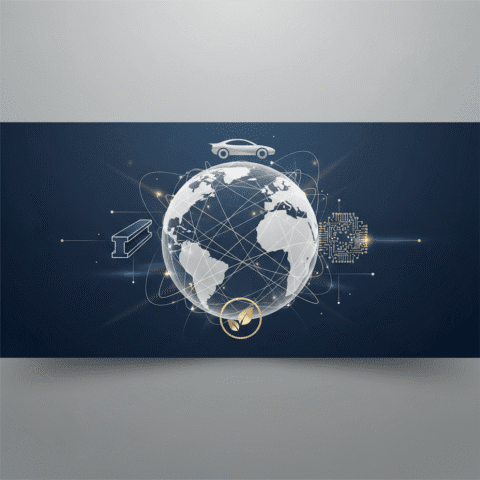 Editorial illustration for a business blog banner: A dynamic, abstract composition symbolizing global industrial leadership and ethical innovation. Features a network of glowing lines and interconnected nodes forming a conceptual globe, subtly integrating clean, minimalist icons representing diverse industries: a sleek automotive silhouette, a robust steel beam, a sophisticated circuit board pattern, and a refined sustainable leaf. The design conveys growth, vision, and interconnected success across continents. Modern, premium vector art style with a sophisticated corporate blue, silver-grey, and subtle gold accent color palette. Business magazine aesthetic. No human figures or faces. --ar 16:9