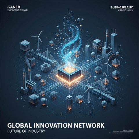 Editorial illustration: A conceptual, abstract representation of a vast, interconnected business empire. Dynamic network of glowing geometric forms and rising data streams, radiating from a strong, foundational core. Integrate subtle, abstract industrial and infrastructure silhouettes, evoking large-scale development and innovation. Use a modern corporate color palette with warm golden and bright blue light accents. Emphasize growth, digital connectivity, and diversified industrial leadership. Premium business magazine banner, clean lines, volumetric lighting, vector art style. No humans, no faces.